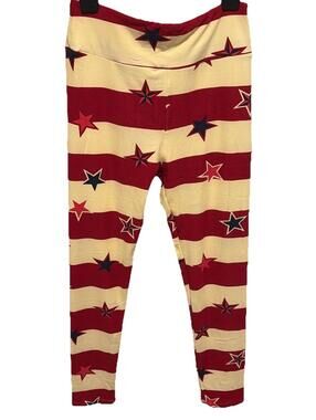 New LuLaRoe OS Red & Cream Horizontal Striped Leggings Red Pink Blue Stars 2-10